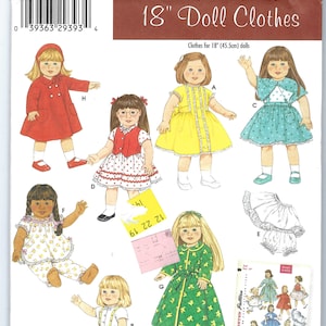 May include: A sewing pattern for 18-inch doll clothes. The pattern includes instructions for making a red coat, a yellow dress, a green dress, a blue dress, a white skirt, and a green and white nightgown. The pattern is from Simplicity Archives and is number 4347.
