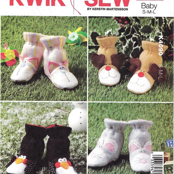 Uncut kwik sewing pattern 4090 Baby Booties Shoes Cat Mouse Reindeer and Penguin Sizes S-L Infant Baby Shower Gifts Pullon Footwear  ff