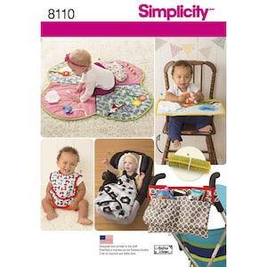 May include: A sewing pattern for baby items, including a play mat, high chair tray, bib, car seat blanket, and stroller organizer. The pattern is designed by Andrea Schewe and is printed in the USA.