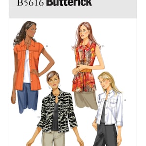 May include: A sewing pattern for a jacket with four different variations. The pattern is from Butterick and is labeled B5616. The jacket is shown in four different styles: a sleeveless orange jacket, a zebra print jacket, a white denim jacket, and a floral print jacket.