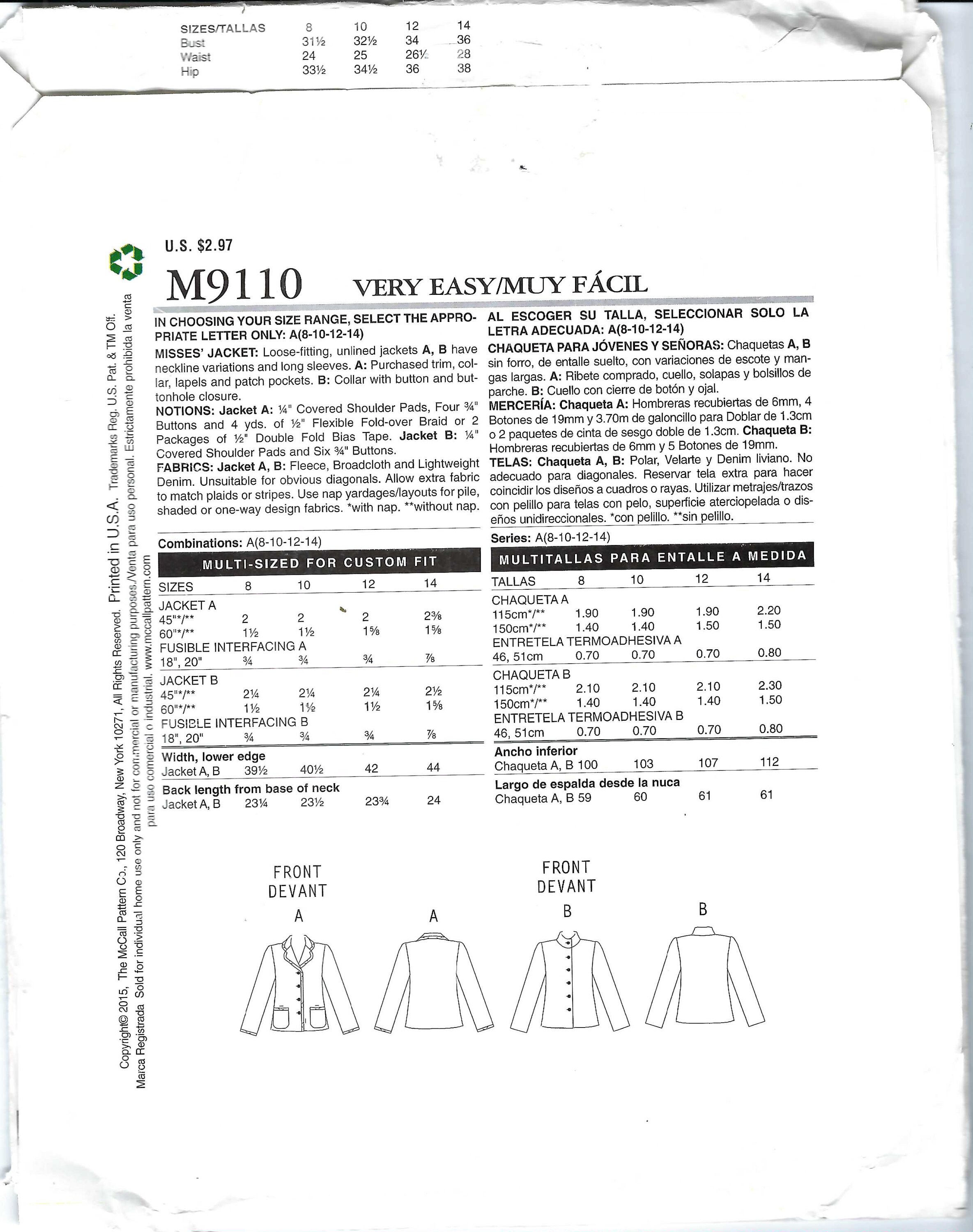 Rare Uncut Mccalls Sew Sewing Pattern 9110 Misses Jacket Size 8-14 FF ...