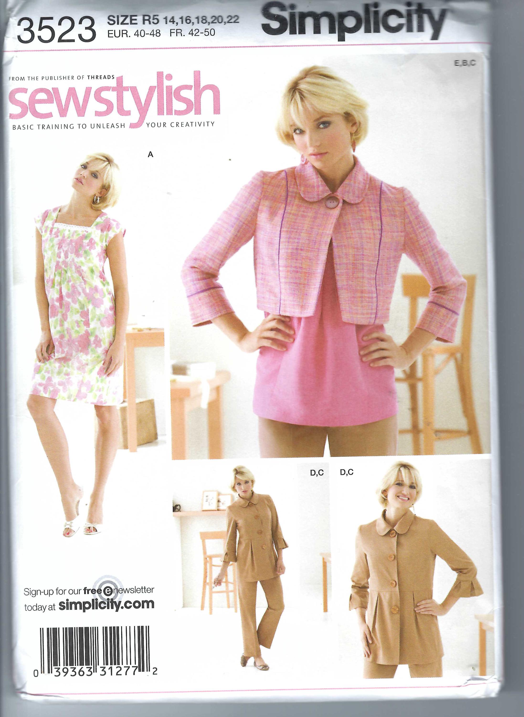 Uncut Simplicity Sewing Pattern 3523 Misses/Miss Petite size 6-14 14-22 dress or top; jacket in 2 lengths and slim pants FF
