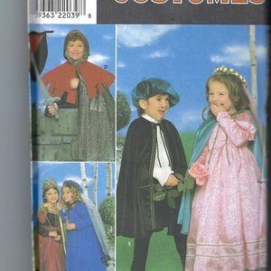 May include: Simplicity Costumes pattern featuring children's costumes. The image shows a child in a red cape with a hood, a child in a black cape, and two children in princess dresses. The costumes include capes, dresses, and accessories.