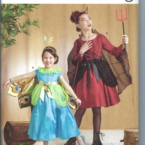 May include: A sewing pattern for two children's costumes. The pattern is for a butterfly costume and a devil costume. The pattern is from Simplicity and is designed and printed in the USA.