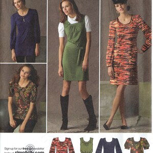May include: A sewing pattern for a dress with four different variations. The pattern includes a long-sleeved dress with a tiger print, a long-sleeved dress with a solid color, a short-sleeved dress with a floral print, and a short-sleeved dress with a solid color. The pattern is for sizes 4, 6, 8, 10, and 12. The pattern is from Simplicity.