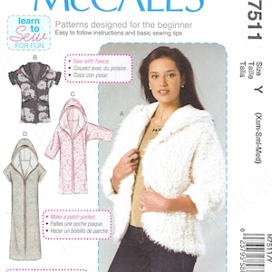 Uncut McCall's sewing pattern M7511 7511 Misses' Open-Front Jackets with Shawl Collar and Hood size XS-S-M L-XL-xxl FF