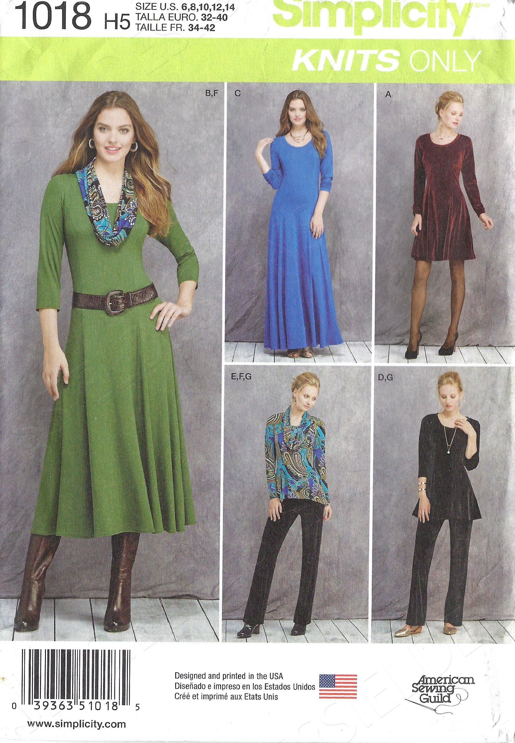 Uncut Simplicity Sewing Pattern 282 1018 sewing pattern for misses knit dress in three lengths, tunic, pants and cowl size 6,-14 16-24 FF