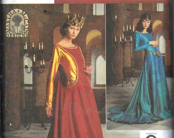 May include: Simplicity Medieval Costume Collection pattern featuring two medieval gowns. One gown is red with gold sleeves and a gold crown. The other is teal with a gold belt. The pattern includes sizes U 16, 18, and 20.