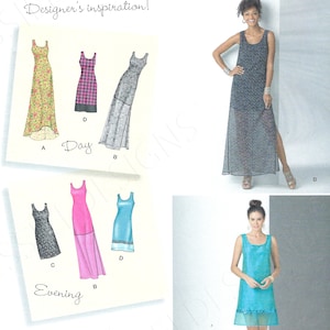Könnte beinhalten: Simplicity Schnittmuster 1611 zeigt Kleiderdesigns für Tag und Abend. Das Bild zeigt Illustrationen verschiedener Kleiderstile, darunter ein Maxikleid mit Blumenmuster, ein rosa Kleid mit transparentem Overlay und ein blaues Kleid mit dekorativem Saum.
