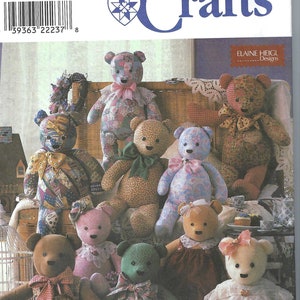 May include: A pattern for making nine teddy bears, each with a different fabric and design. The bears are sitting on a wicker chair and a table with a teacup and saucer. The pattern is from Simplicity Crafts and is designed by Elaine Heigl.