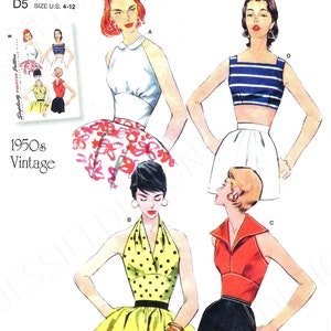 May include: Vintage Simplicity sewing pattern R10383, size 4-12, for a halter top with four different styles. The pattern includes a white halter top with a Peter Pan collar, a striped halter top, a polka dot halter top, and a red halter top.