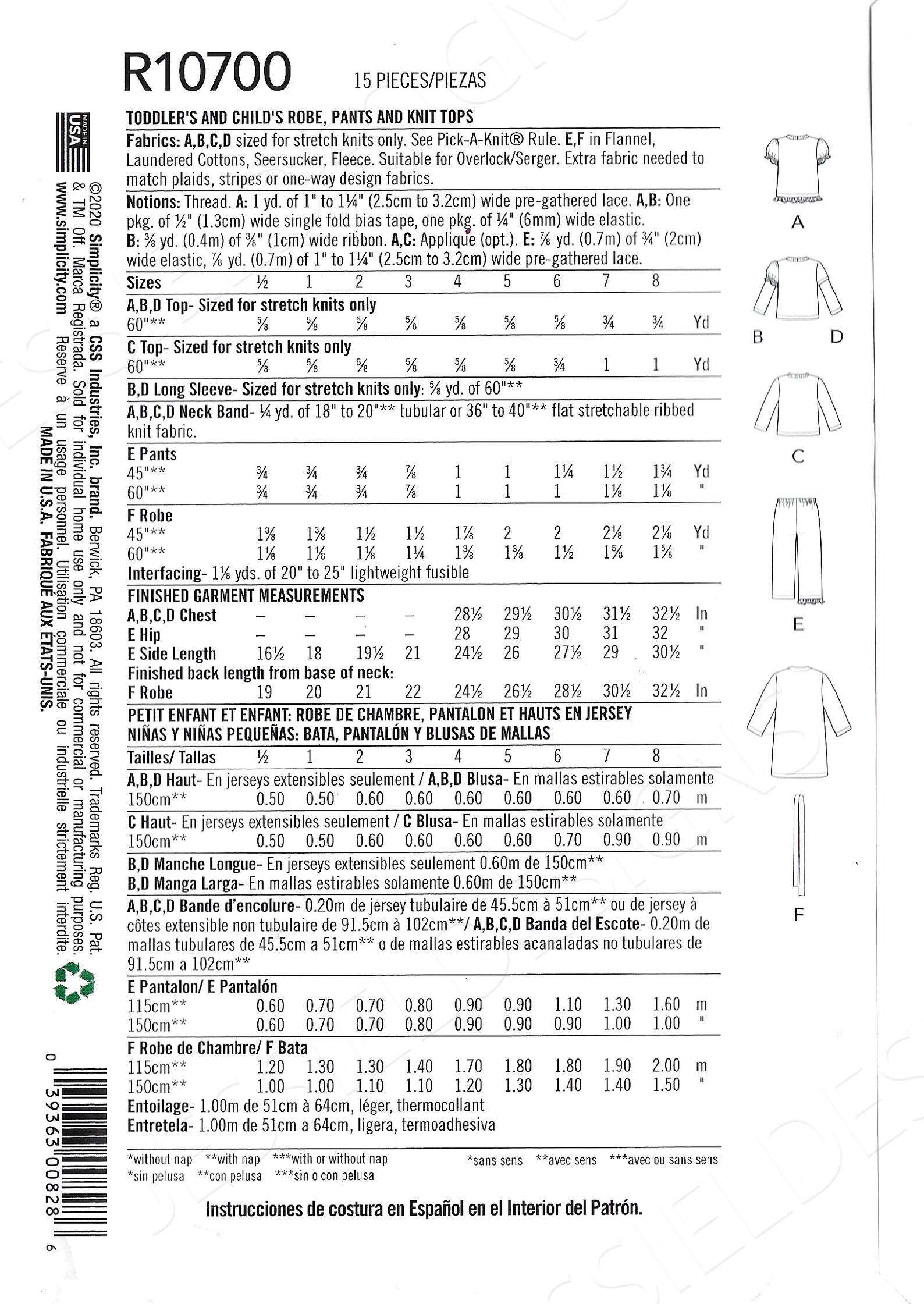 Uncut Simplicity Sewing Pattern 10700 1573 Children's Pajamas and Robe ...