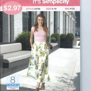 May include: A sewing pattern for a skirt with a floral print. The pattern is for sizes 8-16 and requires 8 yards of fabric. The pattern is from Simplicity and costs $2.97.