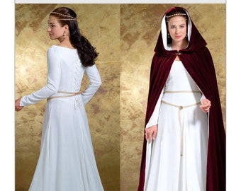 May include: A white long-sleeved dress with a lace-up back and a matching burgundy hooded cape. The dress has a fitted bodice and a flowing skirt. The cape is lined with white fabric and has a hood that can be worn up or down.
