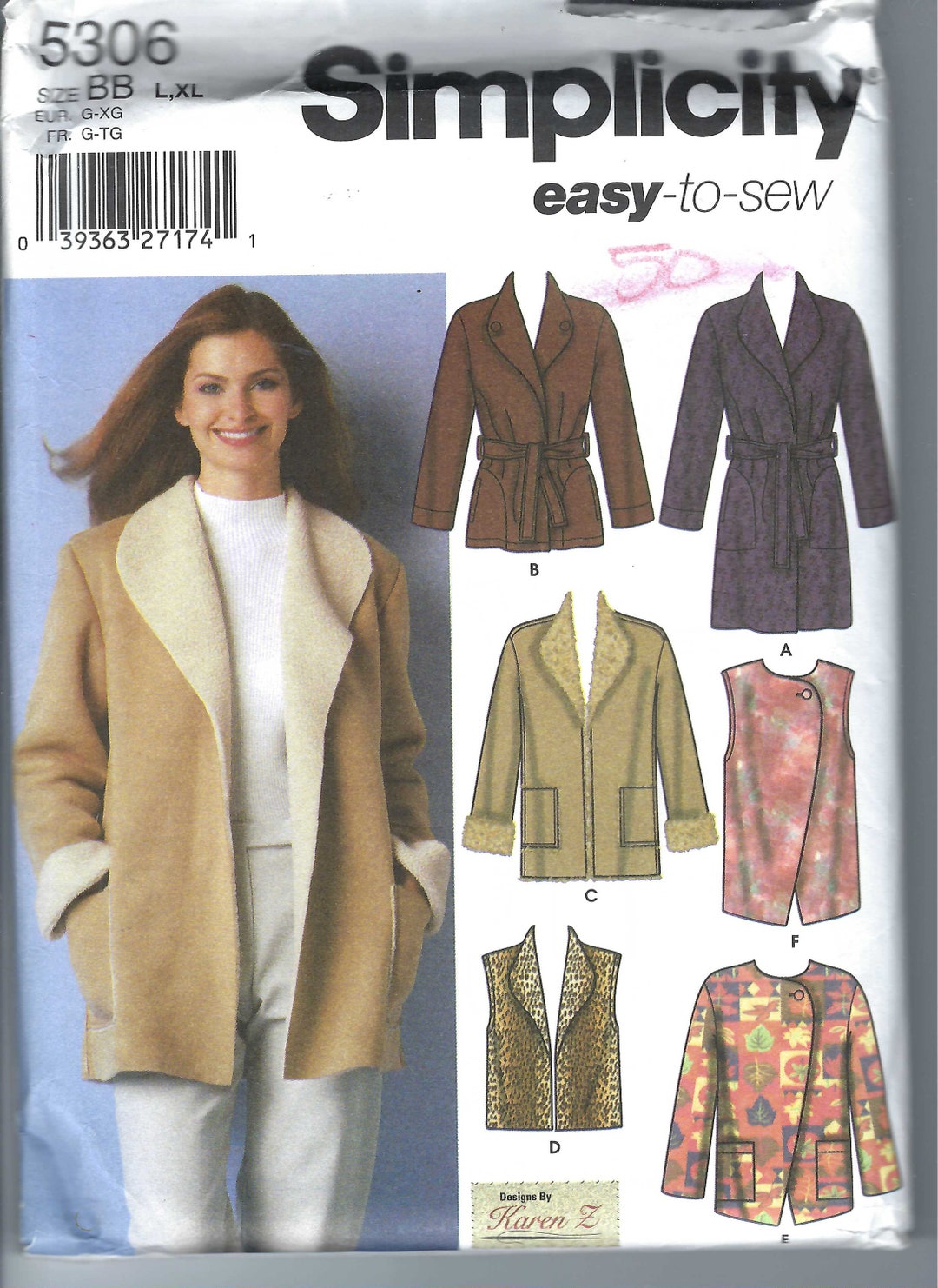 Uncut Simplicity Sewing Pattern 5306 Pattern Sz XS-M L-XL, Coats ...
