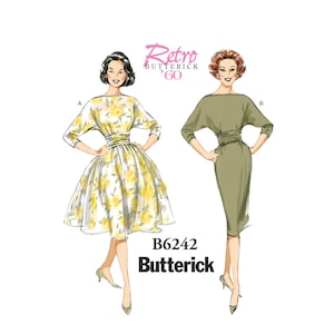 May include: A vintage sewing pattern for two dresses, one with a floral print and the other in a solid green color. The pattern is from Butterick and is labeled B6242.