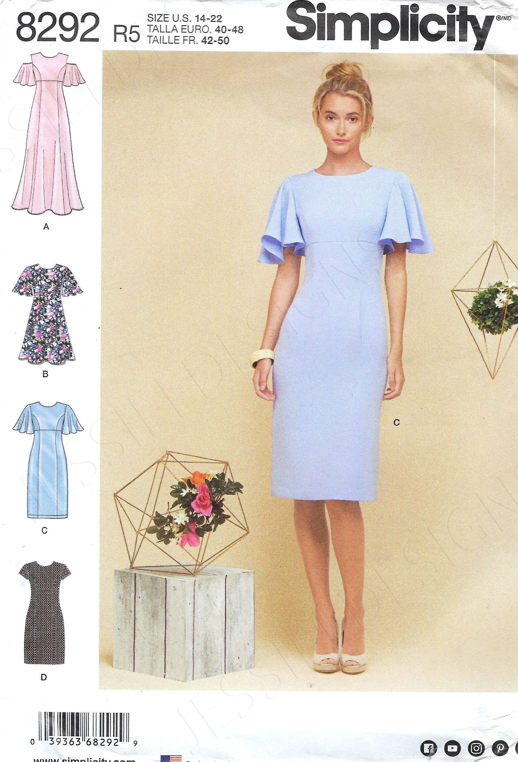 Uncut  simplicity sewing pattern 636 8292. Gorgeous Feminine Dresses Pretty Sleeve and Skirt Variations. Sizes: 6-14 14-16-18-20-22  FF