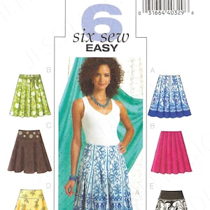 May include: Butterick sewing pattern B4686, featuring six easy skirt designs. The pattern includes various skirt styles, including a floral print, a solid brown skirt with decorative buttons, and a skirt with a palm tree print. The text "six sew easy" is displayed.