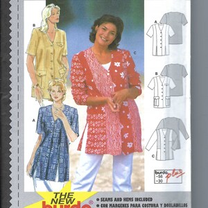 May include: A sewing pattern for a blouse with different styles. The pattern includes instructions for making a long-sleeved blouse with a floral print, a short-sleeved blouse with a solid color, and a short-sleeved blouse with a pocket. The pattern is from Burda, a well-known sewing pattern company.