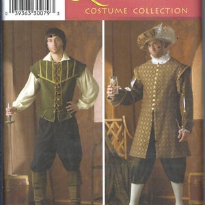 May include: Simplicity Renaissance Costume Collection pattern. The image shows two men in Renaissance-era costumes. One wears a green vest with gold trim, white shirt, and black pants. The other wears a gold patterned coat and hat.