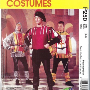 Puede incluir: Patrón de disfraces medievales de McCall's. El paquete presenta ilustraciones de tres personas con trajes de época, incluyendo túnicas, leggings y sombreros. Los disfraces son en tonos rojos, amarillos y plateados. Talla 3-4.