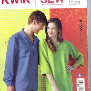 Uncut kwik sewing pattern Women&#39;s and Men&#39;s Shirts, Mens Tunic, Pullover Shirts, Short Sleeve Shirts, Kwik Sew 4005, Size Xs-Xl FF