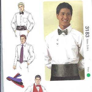 May include: Kwik Sew pattern 3183. The package shows illustrations of men's formal wear, including a tuxedo with a bow tie and cummerbund, a dress shirt with a tie, and a vest. The pattern sizes are S-M-L.