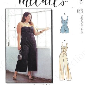 May include: A sewing pattern for three different jumpsuit styles. The pattern includes a blue denim jumpsuit, a white jumpsuit with a brown belt, and a black jumpsuit. The pattern is for sizes B5 (8-10-12-14-16). The pattern is from McCall's and includes the hashtag #NatalaMcCalls.