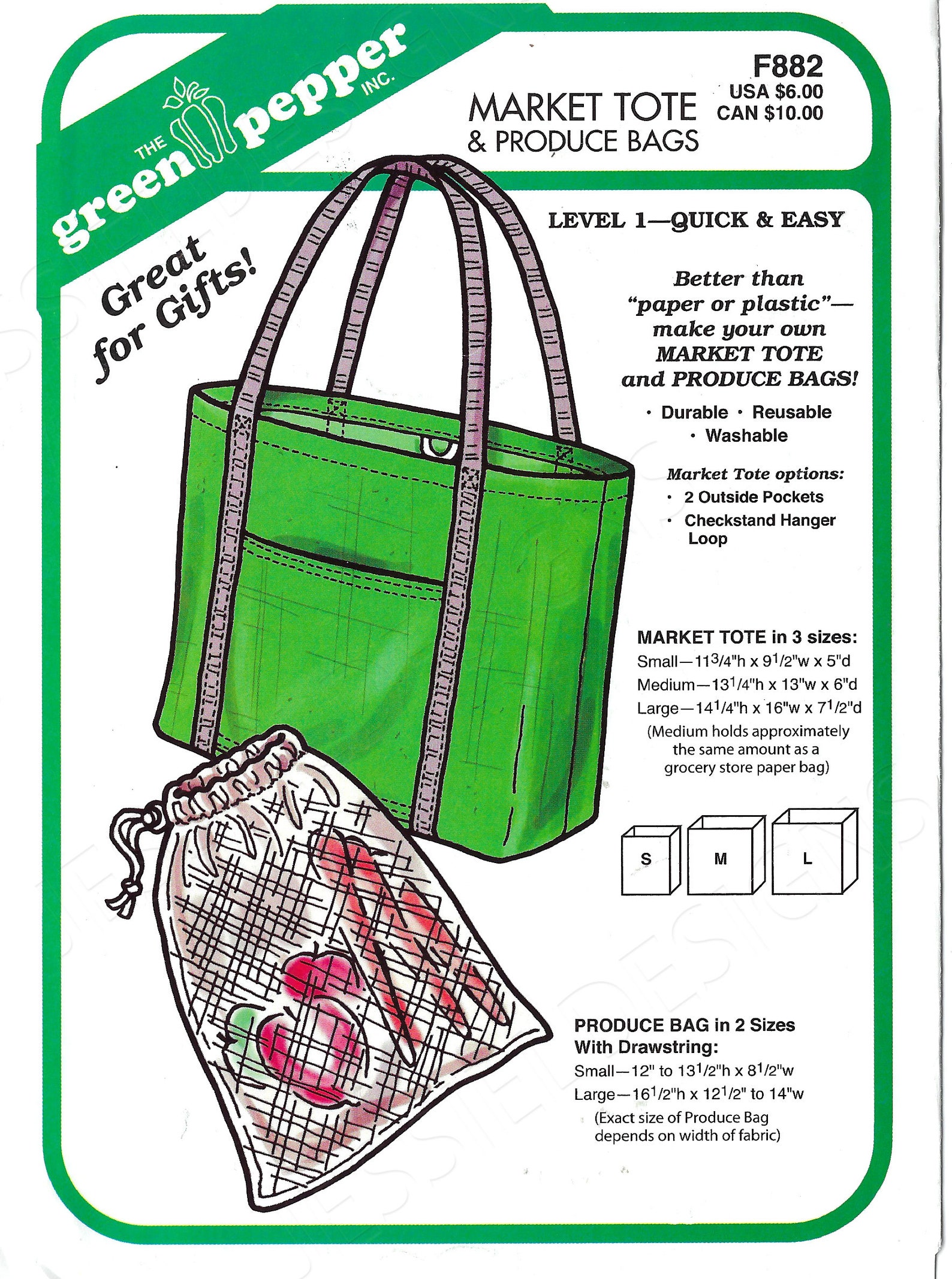 Uncut Green Pepper Sewing Pattern 882 Market Tote Size Sml Etsy