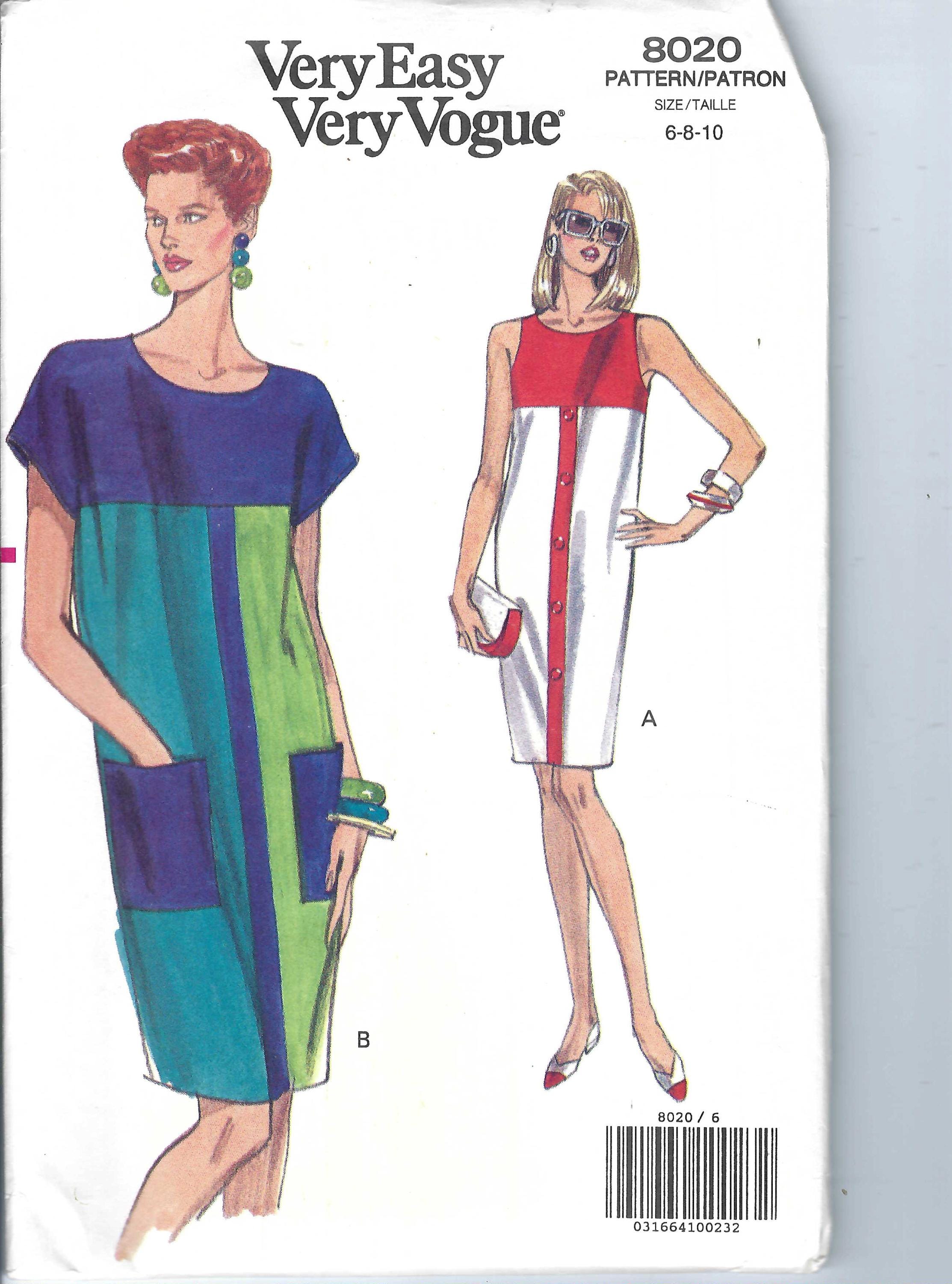 Uncut vintage vogue sewing pattern 8020 Misses'/Miss Petite Fitted Slightly Tapered Dress Misses' Size 6-8-10 Color Block Dress FF