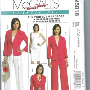 May include: A sewing pattern for a women's wardrobe, featuring a pink blazer, a white dress, and a pink pantsuit. The pattern is from McCall's and is called "The Perfect Wardrobe". The pattern number is M5818 and the size is AAX (4-6-8-10).