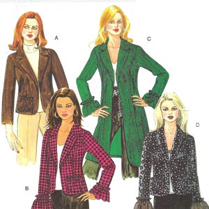 May include: A Butterick sewing pattern, B5252, featuring illustrations of four different jacket designs. The jackets vary in style, color, and pattern, including a brown blazer, a green coat, a pink houndstooth jacket, and a black dotted jacket.