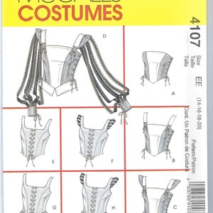 Puede incluir: Patrón de disfraces McCall's con varios diseños de corsés y corpiños. Los diseños incluyen opciones con frentes con cordones, tirantes y mangas. El patrón está etiquetado con el número 4107 y la talla EE (14-16-18-20).