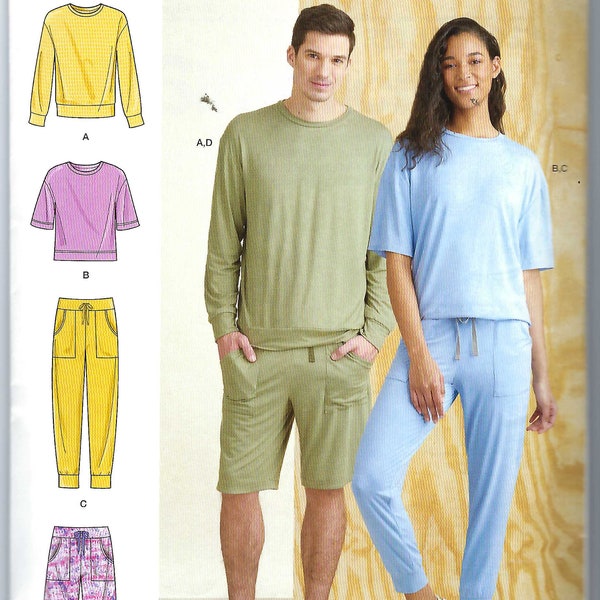 May include: Simplicity pattern R11086 featuring loungewear sets. The pattern includes options for a long-sleeve top and shorts, a short-sleeve top and pants, and a variety of other styles. Designed and printed in the USA.