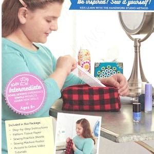 May include: A sewing pattern for a red and black plaid tote bag. The pattern is for kids and includes step-by-step instructions, tissue paper, practice sheets, a sewing machine poster, online video tutorials, sewing definitions, and safety tips. The pattern is from Simplicity and is for the "The Martin Tote" project.