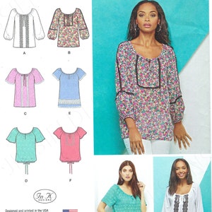 May include: Simplicity pattern 1162 offers blouse designs with long and short sleeves. The pattern includes options with lace trim, drawstrings, and floral prints. The image also shows a woman wearing a floral blouse. The size range is U.S. 6-14, Euro 32-40, and French 34-42.
