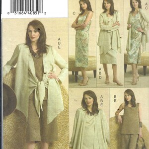 May include: A sewing pattern titled "five easy pieces" featuring various women's outfits. The pattern includes a dress, skirt, jacket, and pants in neutral tones. The size range is indicated as (6-8-10).