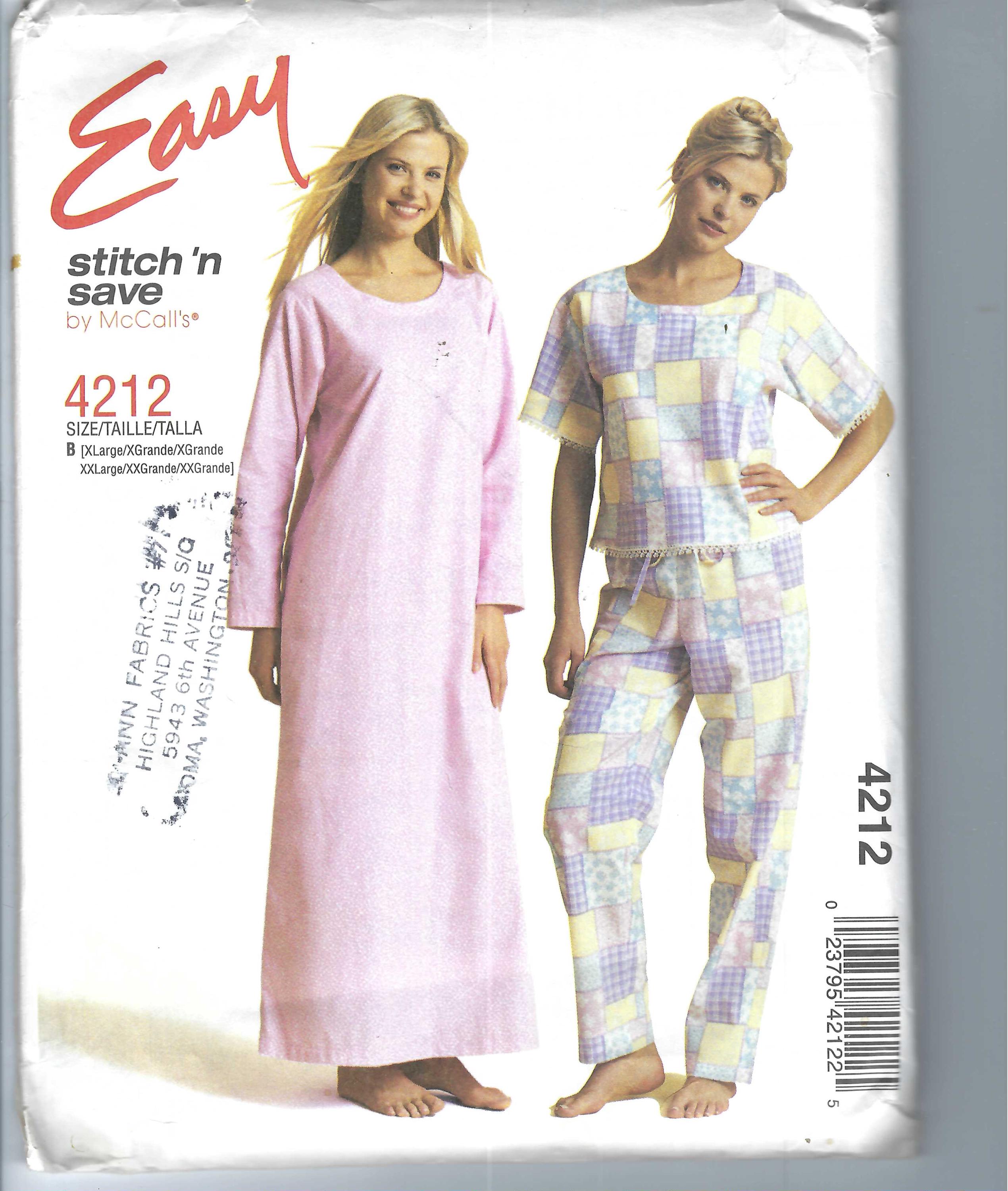 Uncut Butterick Sewing Pattern 4212 Stitch N Save Nightgown Pajamas ...