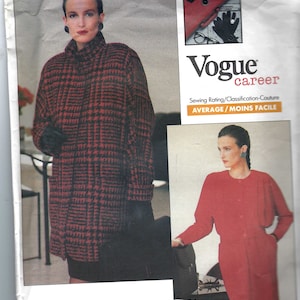 May include: Vogue career sewing pattern number 2111. The pattern includes instructions for making a red and black plaid coat and a red dress. The pattern is rated as average in difficulty.