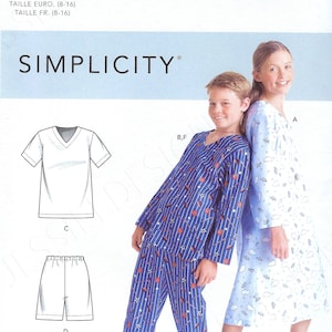 May include: A sewing pattern for children's pajamas. The pattern includes a long-sleeved shirt with a blue and white striped pattern and a pair of pants with a blue and white striped pattern. The pattern also includes a short-sleeved shirt with a white v-neck and a pair of shorts. The pattern is for sizes 8-16.