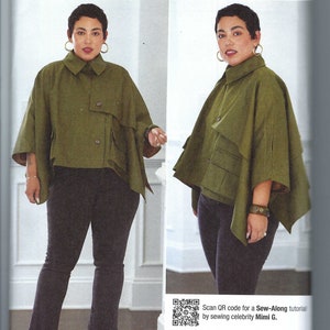 May include: Olive green cape-style jacket with a collar and button closure, paired with dark pants. The image features the Simplicity logo and text: "A DIY & LIFESTYLE BRAND". The pattern size is XS-XXL.