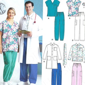 May include: A sewing pattern for scrubs, featuring a white lab coat, a blue scrub top and pants, a pink scrub top and pants, and a patterned scrub top and pants. The pattern is from Simplicity and is easy-to-sew.