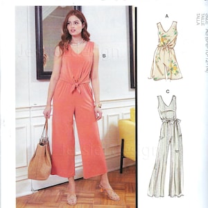 Könnte beinhalten: Ein Schnittmuster mit drei verschiedenen Kleidungsstücken: einem korallenfarbenen Jumpsuit, einem Kleid mit Blumenmuster und einem weißen Jumpsuit. Das Schnittmuster enthält mehrere Ansichtsoptionen mit einfachen Anweisungen. Das Schnittmuster ist für die Größen 6-8-10-12-14.