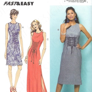 Könnte beinhalten: Ein Schnittmuster für ein ärmelloses Kleid mit Schnürung in der Taille. Das Schnittmuster ist für die Größen 6-8-10-12-14 und stammt von Butterick, einem bekannten Unternehmen für Schnittmuster. Die Schnittmuster-Nummer lautet B6552/A5.