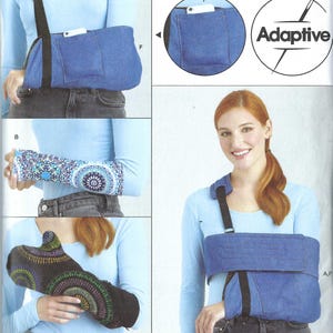 May include: A sewing pattern for a sling, arm support, and arm cover. The pattern is from Simplicity and is labelled "Adaptive". The pattern includes instructions for making a sling, an arm support, and an arm cover. The pattern is for sizes XS-L.