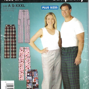 May include: Simplicity sewing pattern 4330 for lounge pants in sizes S-XXXL. The package features illustrations of four pant styles including plaid, striped, floral, and graphic prints, alongside a photograph of two models wearing lounge pants.