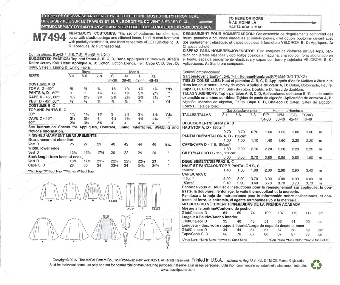 Uncut Mccalls Sewing Pattern 553 7494 Halloween Costume Sewing Pattern ...