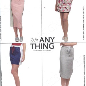 May include: Sewing pattern Simplicity S8931 for knit skirts with side panels. The pattern includes four different skirt styles: a midi skirt, a mini skirt, a midi skirt with a curved hem, and a knit skirt with a hem band. The pattern is for sizes XXS-XXL.