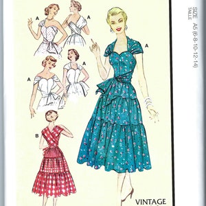 Puede incluir: Patrón de costura vintage de los años 50 para un vestido con escote de corazón y falda de capas. El patrón incluye instrucciones para hacer un vestido con un lazo en la cintura y un vestido con espalda cruzada.