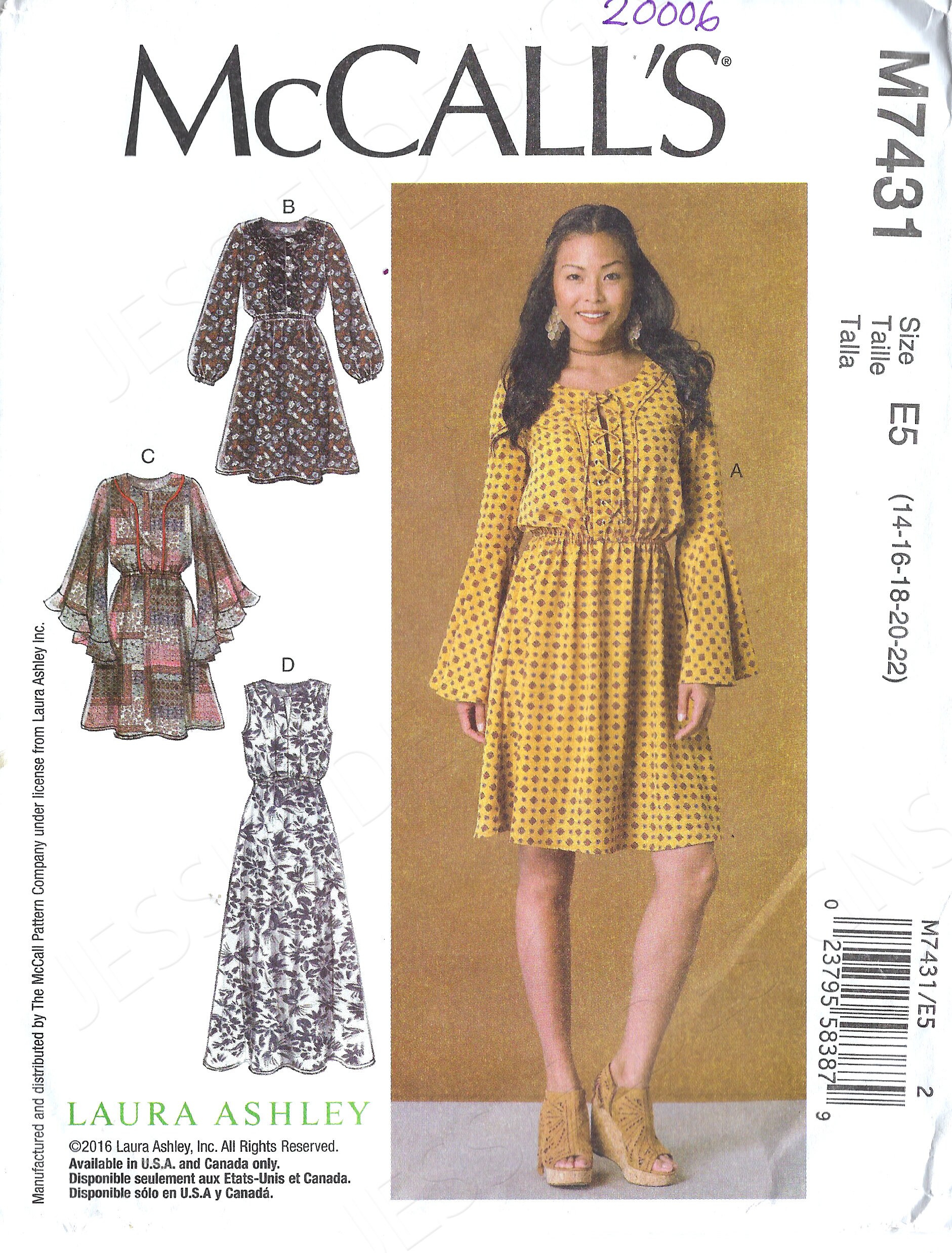 Uncut Mccalls Sewing Pattern 7431 Laura Ashley Pullover Boho Prairie ...